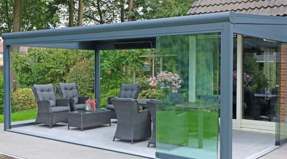 Vrijstaande tuinkamer antraciet structuur